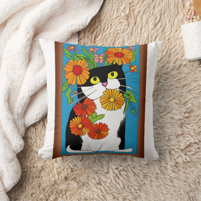 Black and White Cat with Yellow Flowers Throw Pillow (Blanket)