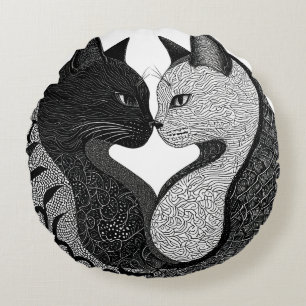 Black and White Cat Yin Yang Symbol Round Pillow