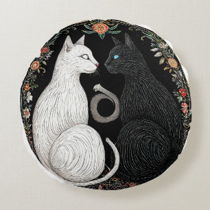 Black and White Cat Yin Yang Symbol Round Pillow