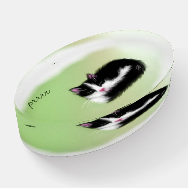Black and White Catnap Purring Tuxedo Kitten  Paperweight (Angled)