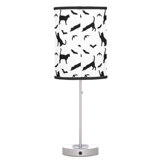 Black And White Cats And Bats Pattern Halloween Table Lamp (Back)