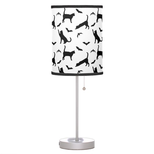 Black And White Cats And Bats Pattern Halloween Table Lamp (Left)