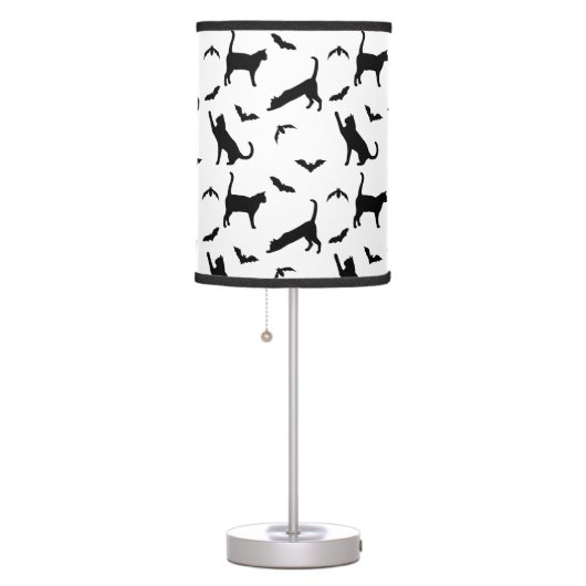 Black And White Cats And Bats Pattern Halloween Table Lamp (Right)
