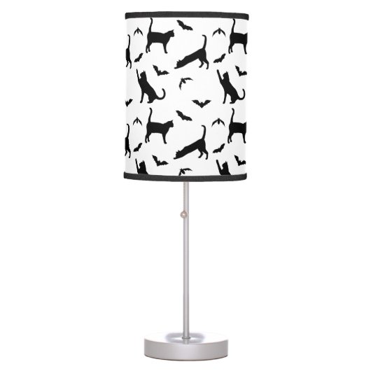 Black And White Cats And Bats Pattern Halloween Table Lamp (Front)