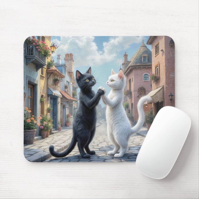 Black and White Cats Dancing On Cobblestone Mouse Pad (With Mouse)