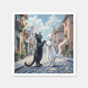 Black and White Cats Dancing On Cobblestone Napkins