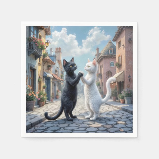 Black and White Cats Dancing On Cobblestone Napkins (Front)