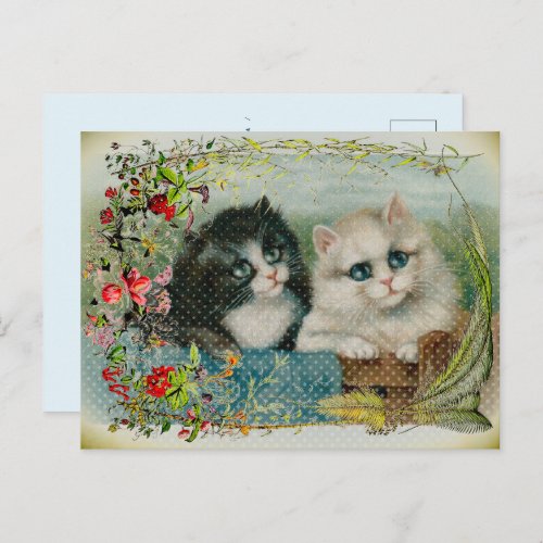 Black and White Cats Floral Border Holiday Postcard