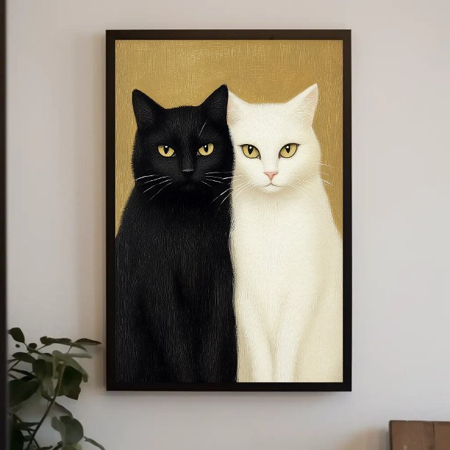 Black and White Cats on Golden Background Painting Poster (Creator Uploaded)