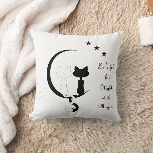 Black and White Cats on Moon with Stars Magic Throw Pillow