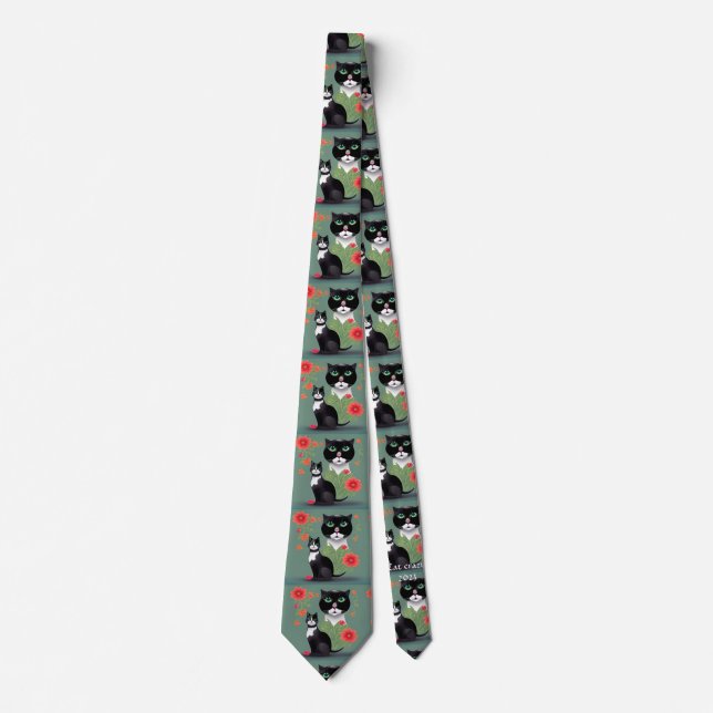 Black and white cats with background flowers  neck tie (Front)