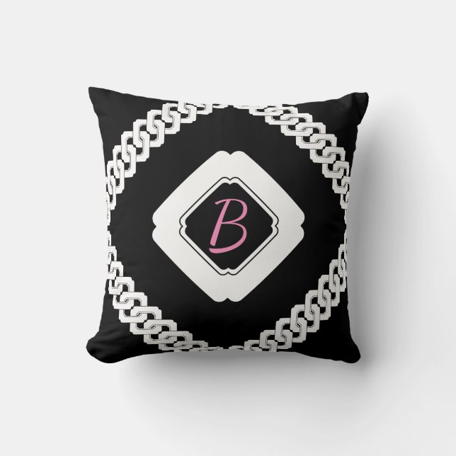 Black and White Chain Reversible Monogram Throw Pillow (Front)