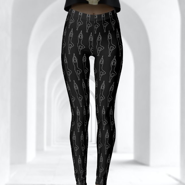 Black and White Chalk Outline Yoga Pose Pattern Leggings (A fun yoga pose pattern (the tree pose) on these black and white leggings. Namaste)