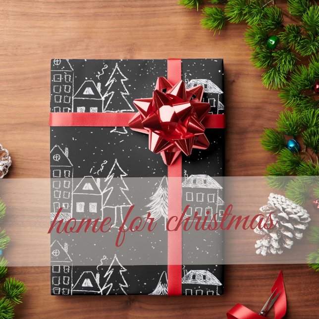  Black and White Chalk Snowy Town Wrapping Paper (Creator Uploaded)