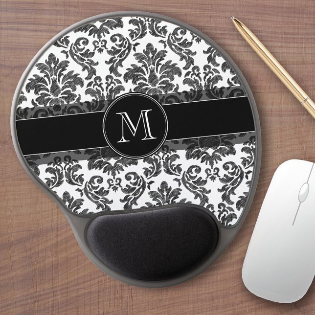 Black and White Chalkboard Damask Pattern Gel Mouse Pad (Personalized mouse pad with custom text)