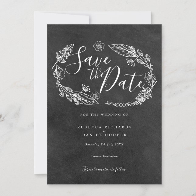 Black and White Chalkboard Floral Garland Script Save The Date (Front)