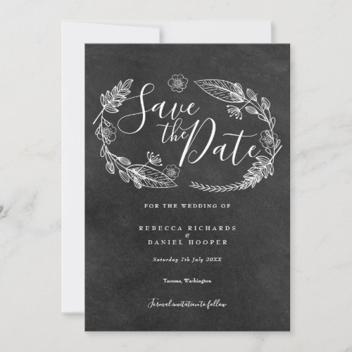 Black and White Chalkboard Floral Garland Script Save The Date