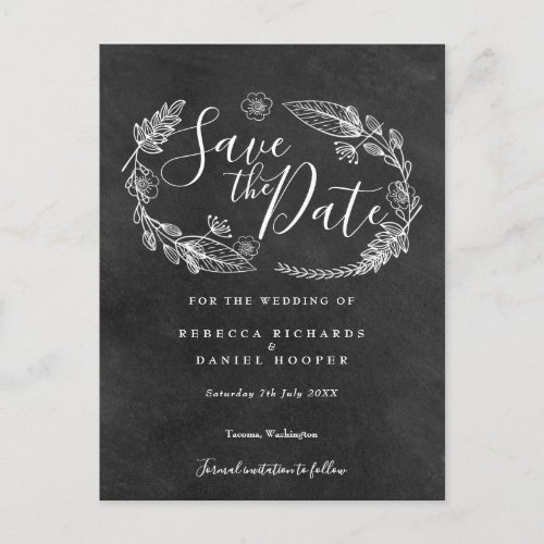 Black and White Chalkboard Floral Save the Date Postcard