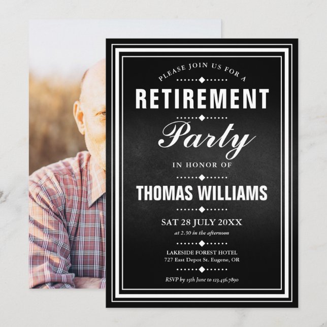 Black And White Chalkboard Photo Retirement Party  Invitation (Front/Back)