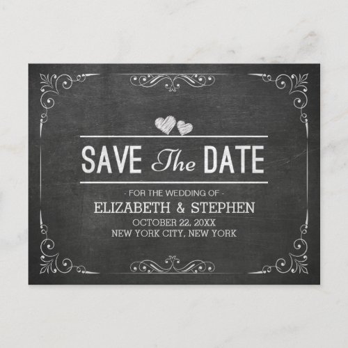 Black and White Chalkboard Wedding Save the Date Announcement Postcard