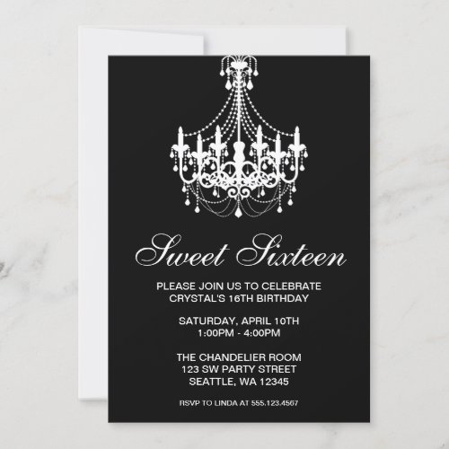 Black and White Chandelier Sweet Sixteen Birthday Custom Invitations