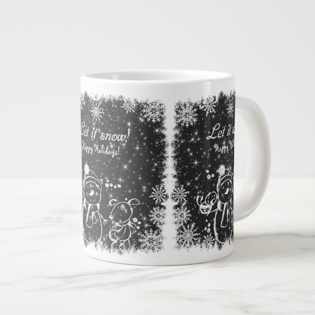 Black And White Charcoal Snowman-Let It Snow Large Coffee Mug (Front Right)