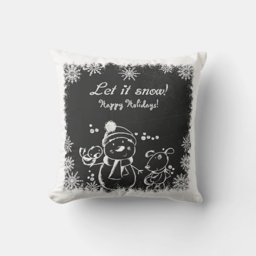 Black And White Charcoal Snowman_Let It Snow Throw Pillow
