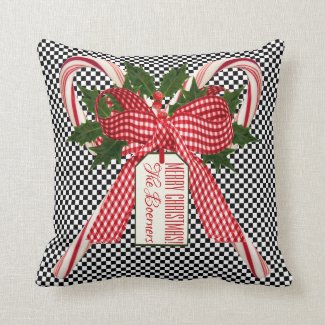Black and White Check Candy Cane Christmas Bouquet Throw Pillow