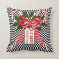 Black and White Check Candy Cane Christmas Bouquet Throw Pillow