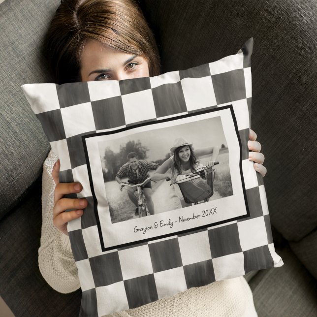 Black and White Check Personalized Photo Throw Pillow (Creator Uploaded)