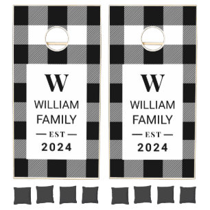 Black and White check plaid family Cornhole Set