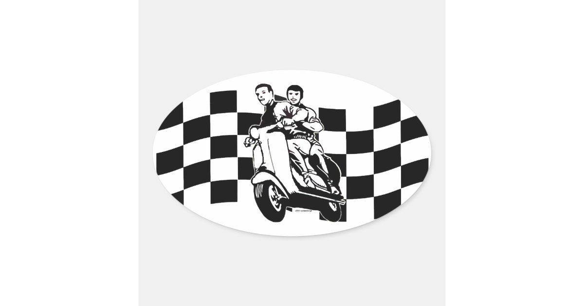 Black and white check scooter riders oval sticker | Zazzle
