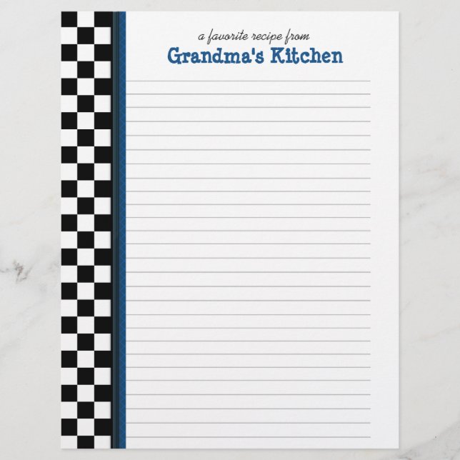 Black and White Check with Blue Accent Recipe Page (Front)