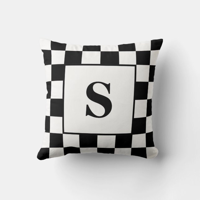 Black and White Checked Check Pattern w/ Initial Throw Pillow (Back)
