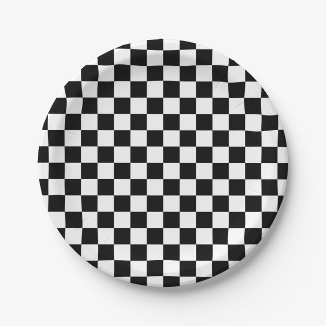 Black and White Checked Pattern Paper Plates (Front)