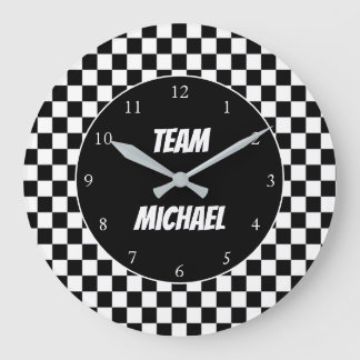 Black and White Checker Flag Racing Personalized Large Clock