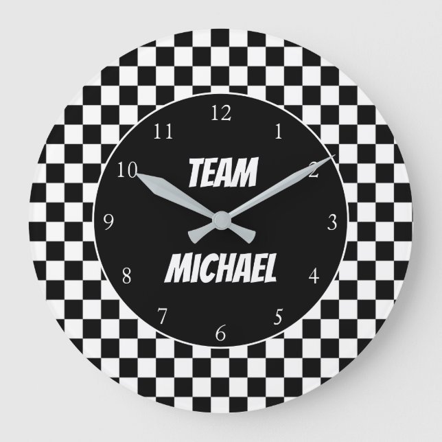 Black and White Checker Flag Racing Personalized  Large Clock (Front)