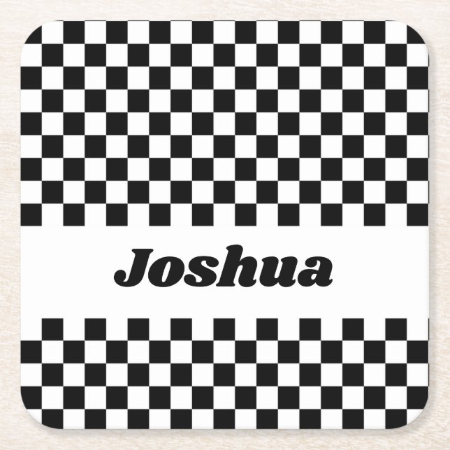 Black and White Checker Flag Square Paper Coaster (Front)
