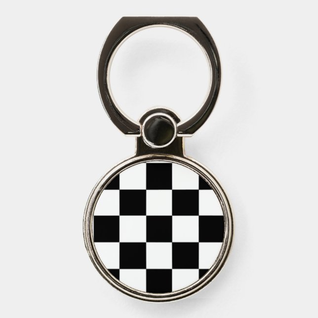 Black and White Checker Pattern Checkerboard Phone Ring Stand (Front)