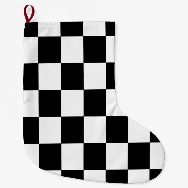 Black and White Checker Pattern Classic Large Christmas Stocking (Front)