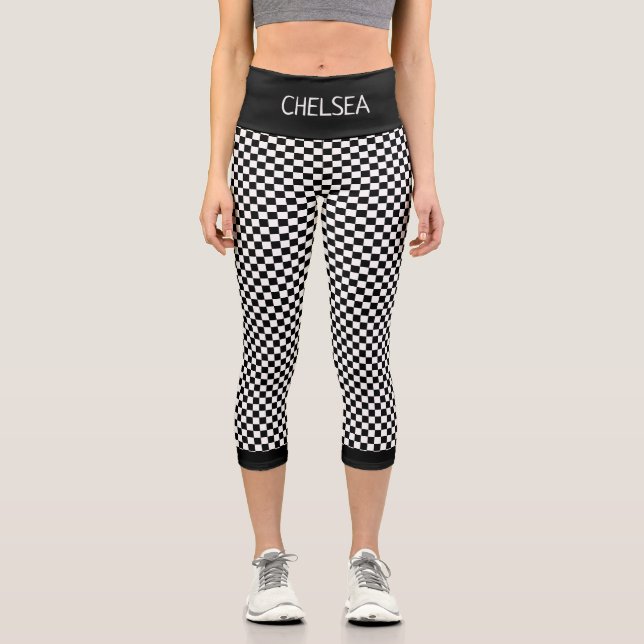 Black and White Checker Pattern Custom Capri Leggings (Front)