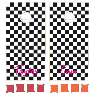 Black and White Checkerboard Bold Name Cornhole Set