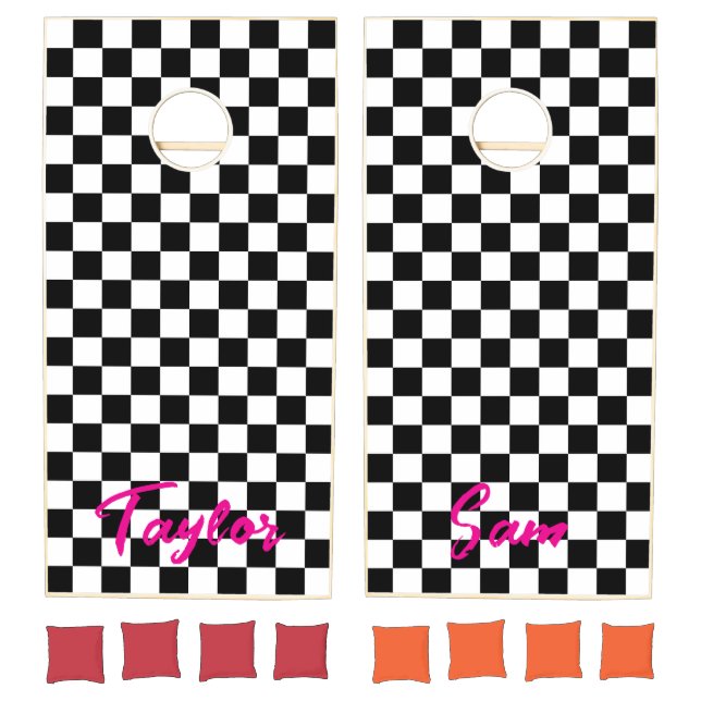 Black and White Checkerboard Bold Name Cornhole Set (Set)