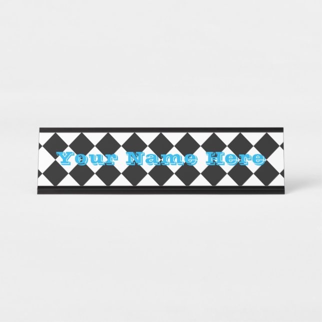 Black And White Checkerboard Checkered Flag Design Desk Name Plate (Front)
