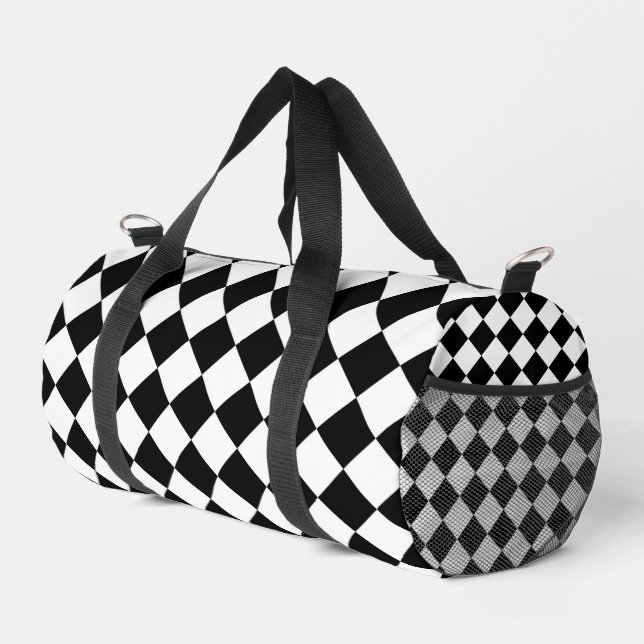 Black And White Checkerboard Checkered Flag Design Duffle Bag (Right Corner)