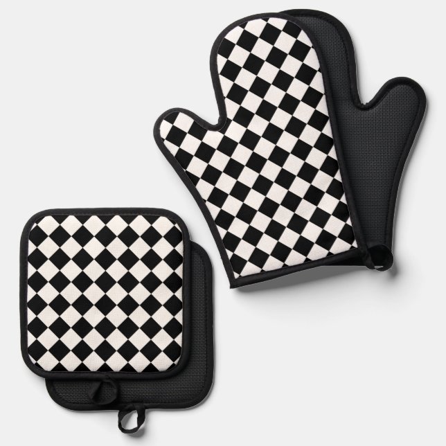 Black And White Checkerboard Checkered Flag Design Oven Mitt & Pot Holder Set (Front/Back)