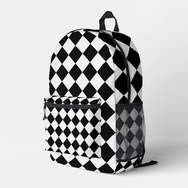 Black And White Checkerboard Checkered Flag Design Printed Backpack (Back Corner Right)