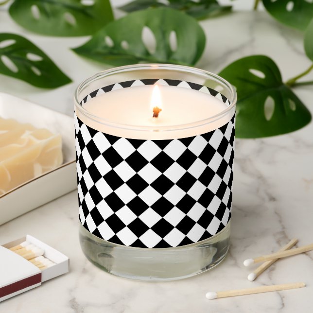 Black And White Checkerboard Checkered Flag Design Scented Candle (Lit)