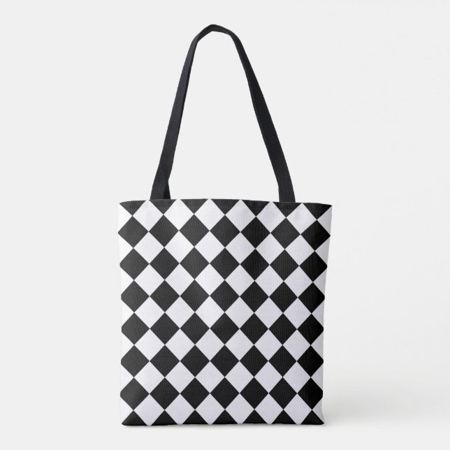 Black And White Checkerboard Checkered Flag Design Tote Bag (Back)