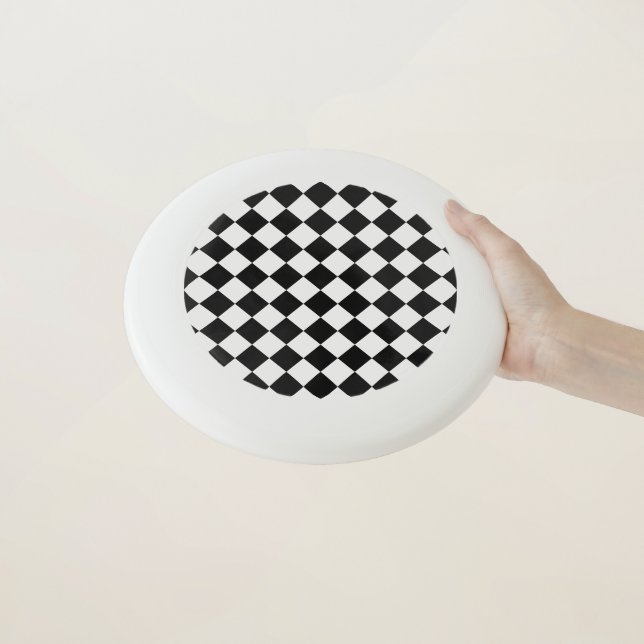 Black And White Checkerboard Checkered Flag Design Wham-O Frisbee (In Hand)